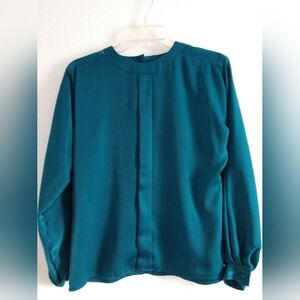 Vintage Tess Petite Blouse Dark Green Long Sleeve Collarless Size 4P Chest 32"